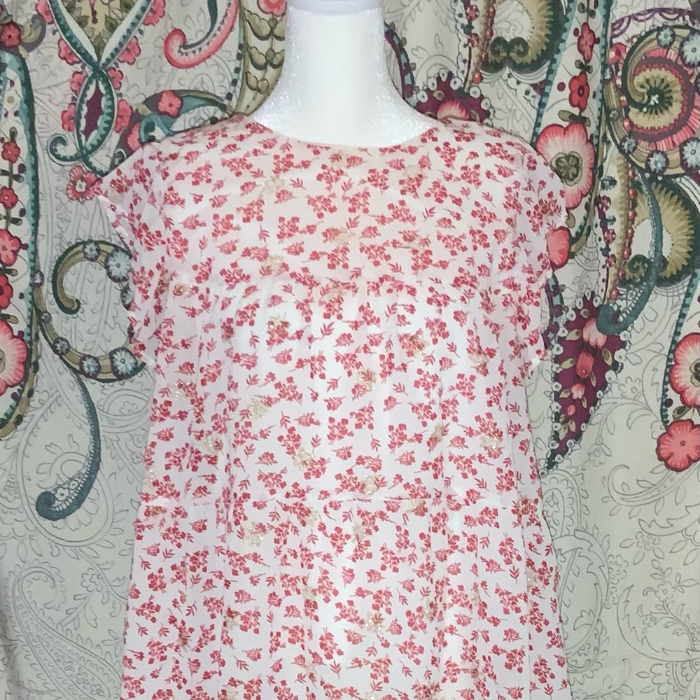 Pink Lily White With Red Gold Thread Floral Blouse Sleeveless Top Size Medium